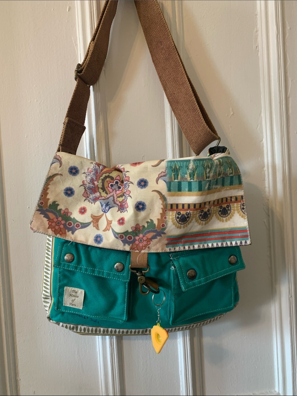 Teal Patterned Canvas Crossbody Bag with Printed Flap